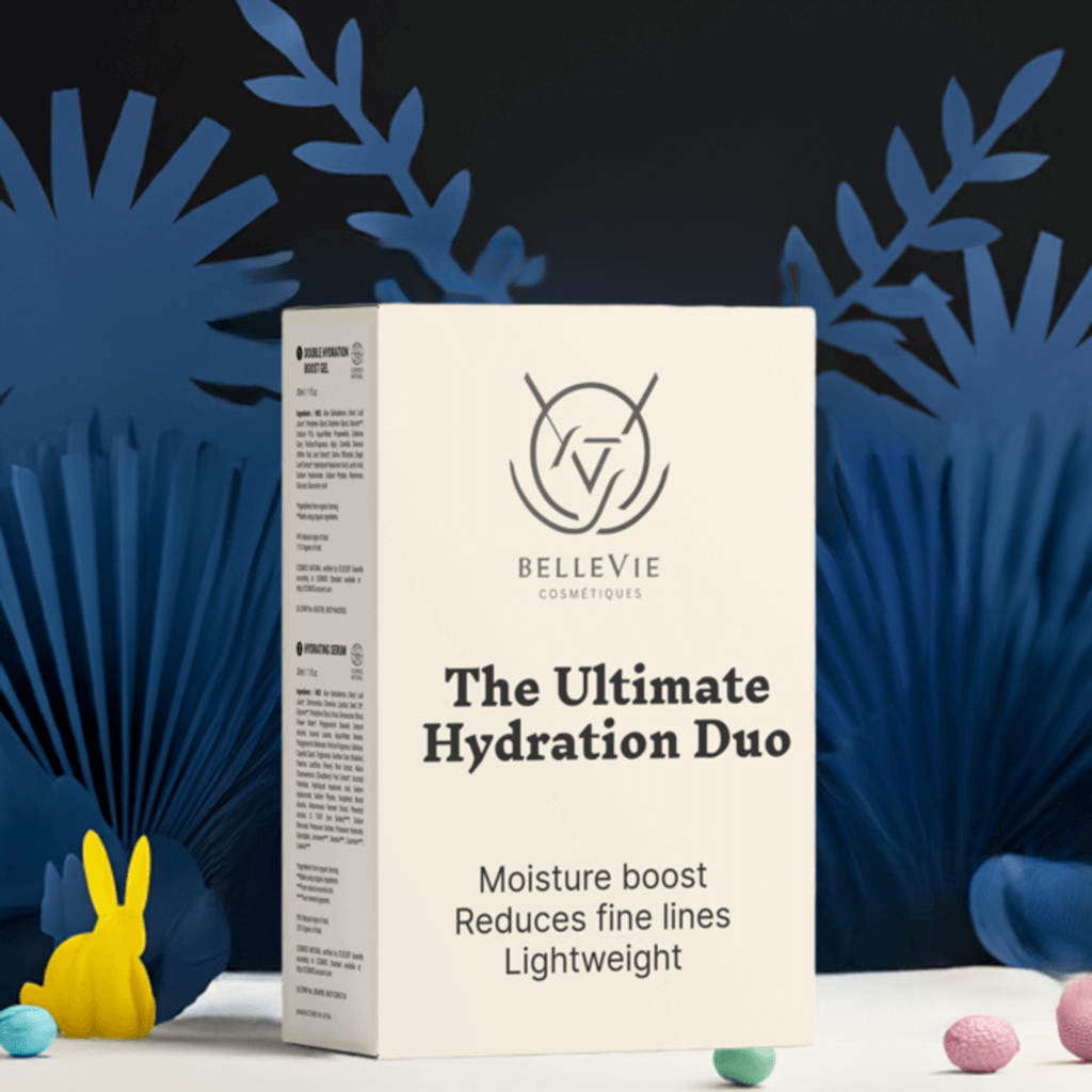 BelleVie Cosmétiques Deep Moisture Duo with hydrating serum and boost gel, featuring sleek skincare bottles and packaging.