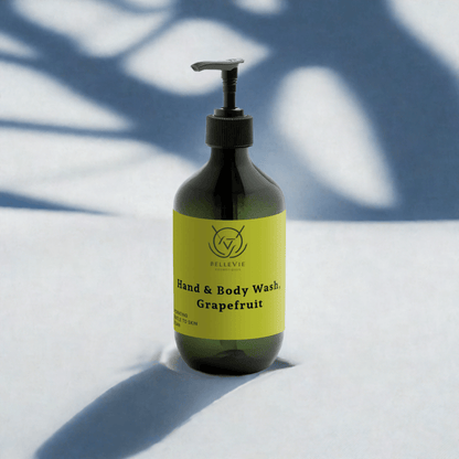 Belleviecosmetic grapefruit hand and body wash in 490ml bottle, natural energising cleanser with fresh citrus scent