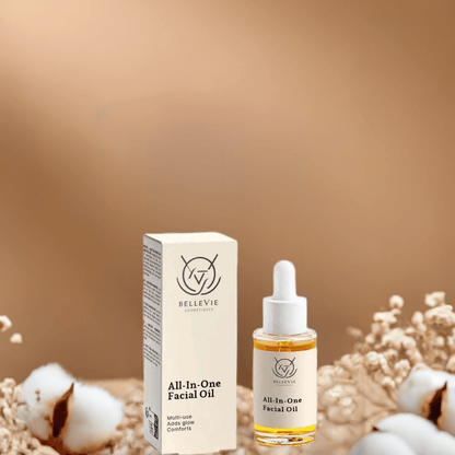BelleVie Cosmétiques anti-aging facial oil 30ml with dropper, showing a clear glass bottle and golden facial oil inside.