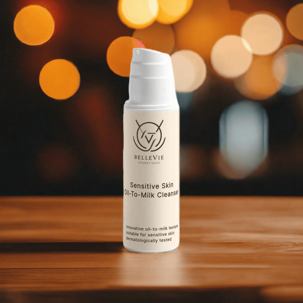 Belleviecosmetic Sensitive Skin Oil-To-Milk Cleanser in 150ml bottle, showing the gentle makeup melt and hydrating facial cleanser