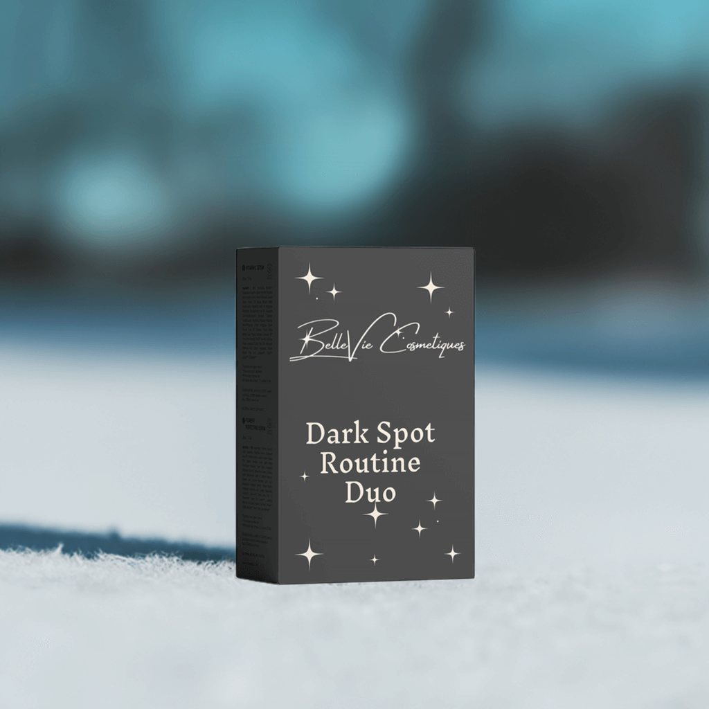 BelleVie Cosmétiques Dark Spot Routine Duo with pigment-perfecting serum and vitamin C set for even skin tone, shown in the image.