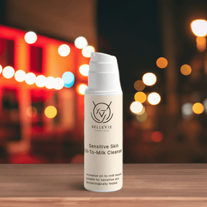 Belleviecosmetic Sensitive Skin Oil-To-Milk Cleanser in 150ml bottle, showing the gentle makeup melt and hydrating facial cleanser.