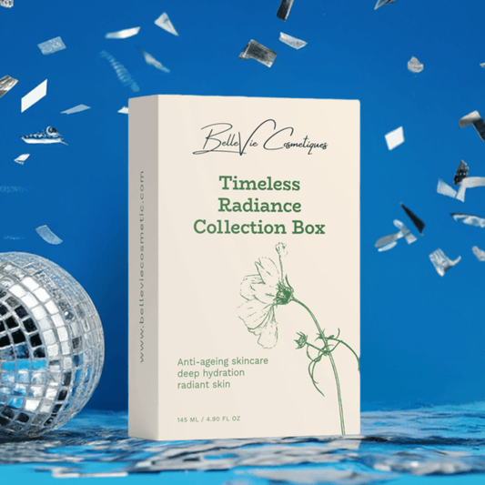 BelleVie Cosmétiques Timeless Radiance Collection box with skincare products for glow and hydration, displayed in elegant packaging.