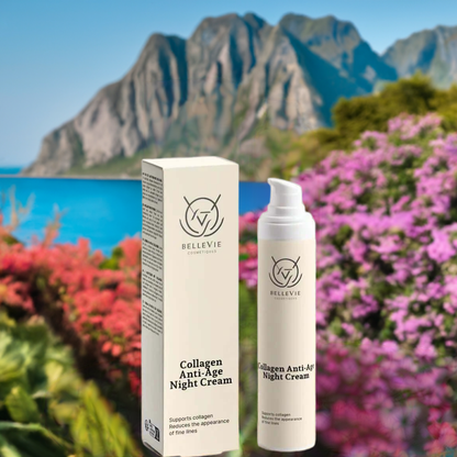 BelleVie Cosmétiques collagen anti-age night cream in 50ml jar, promoting deep hydration and firming overnight skin care.