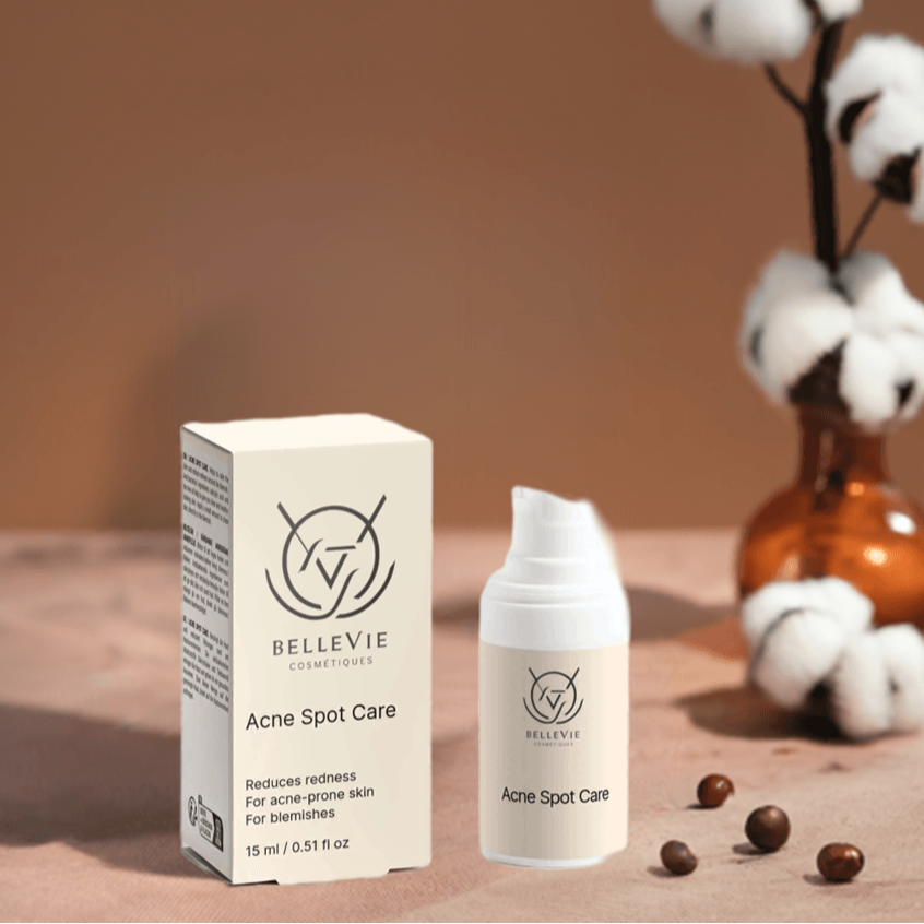BelleVie Cosmétiques Acne Spot Care bottle with tea tree and salicylic acid for fast-acting blemish treatment.