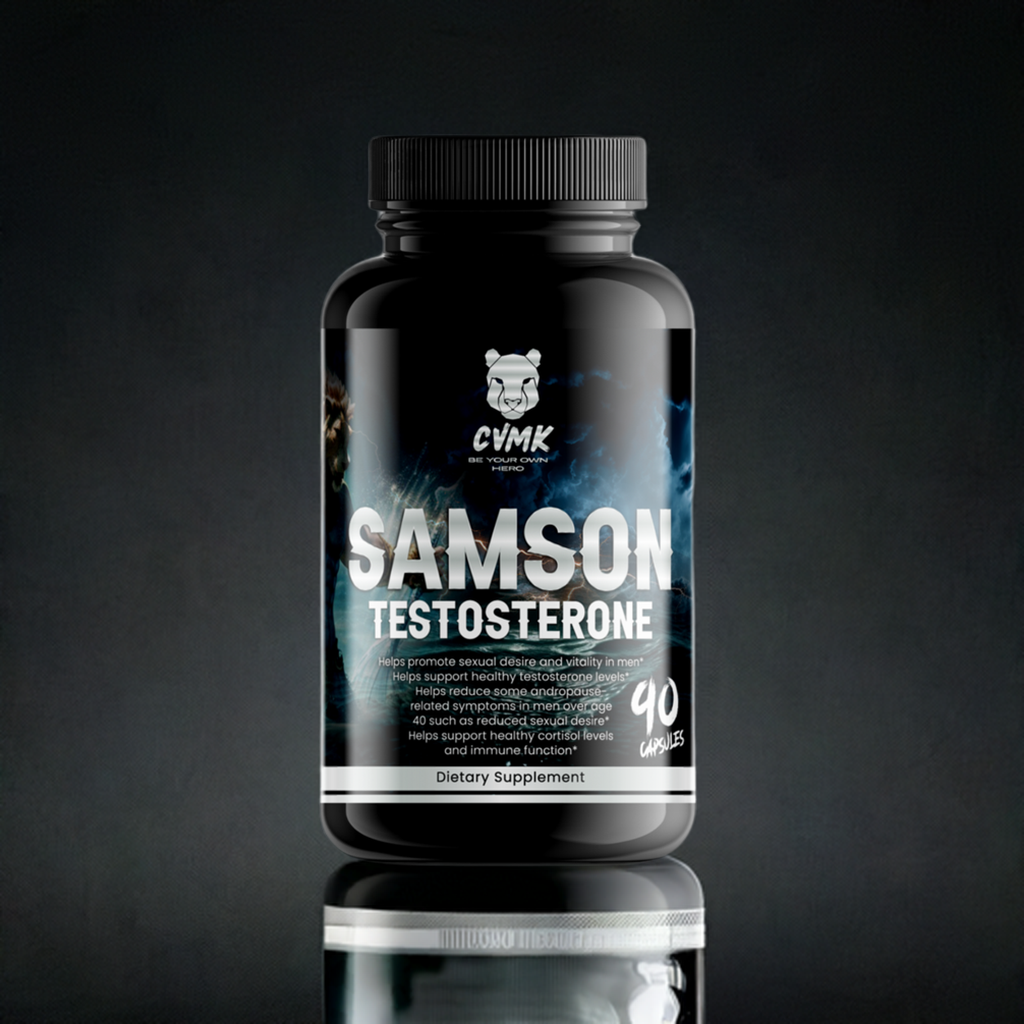Vitamins bottle labeled SAMSON by CVMK GLOBAL, featuring colorful tablet images and supplement branding on the label.