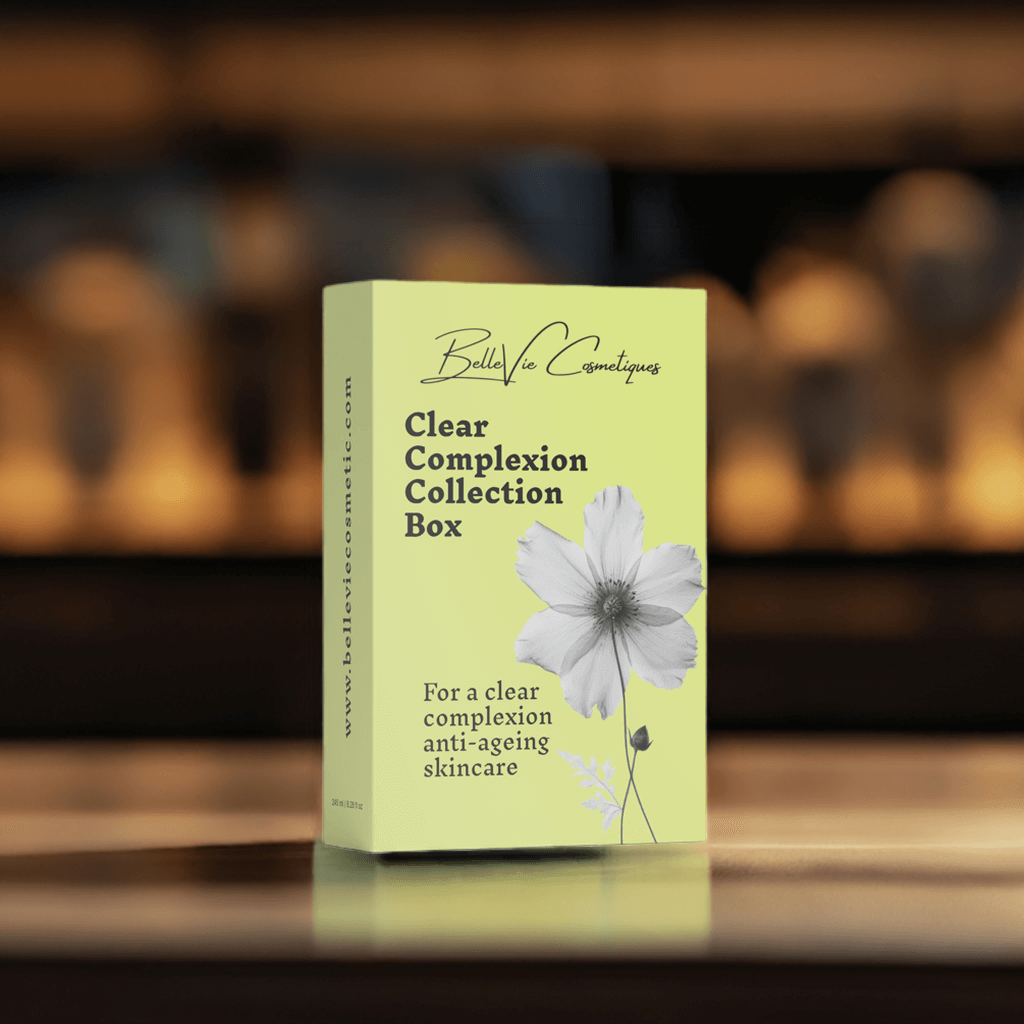 BelleVie Cosmétiques Clear Complexion Collection box with skincare products for clear skin and anti-aging routine.