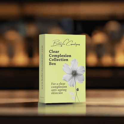 BelleVie Cosmétiques Clear Complexion Collection box with skincare products for clear skin and anti-aging routine.