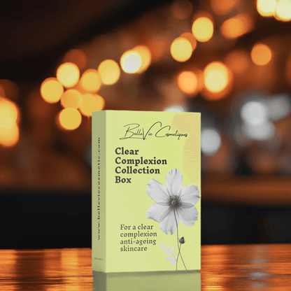 BelleVie Cosmétiques Clear Complexion Collection box with skincare products for clear skin and anti-aging routine.
