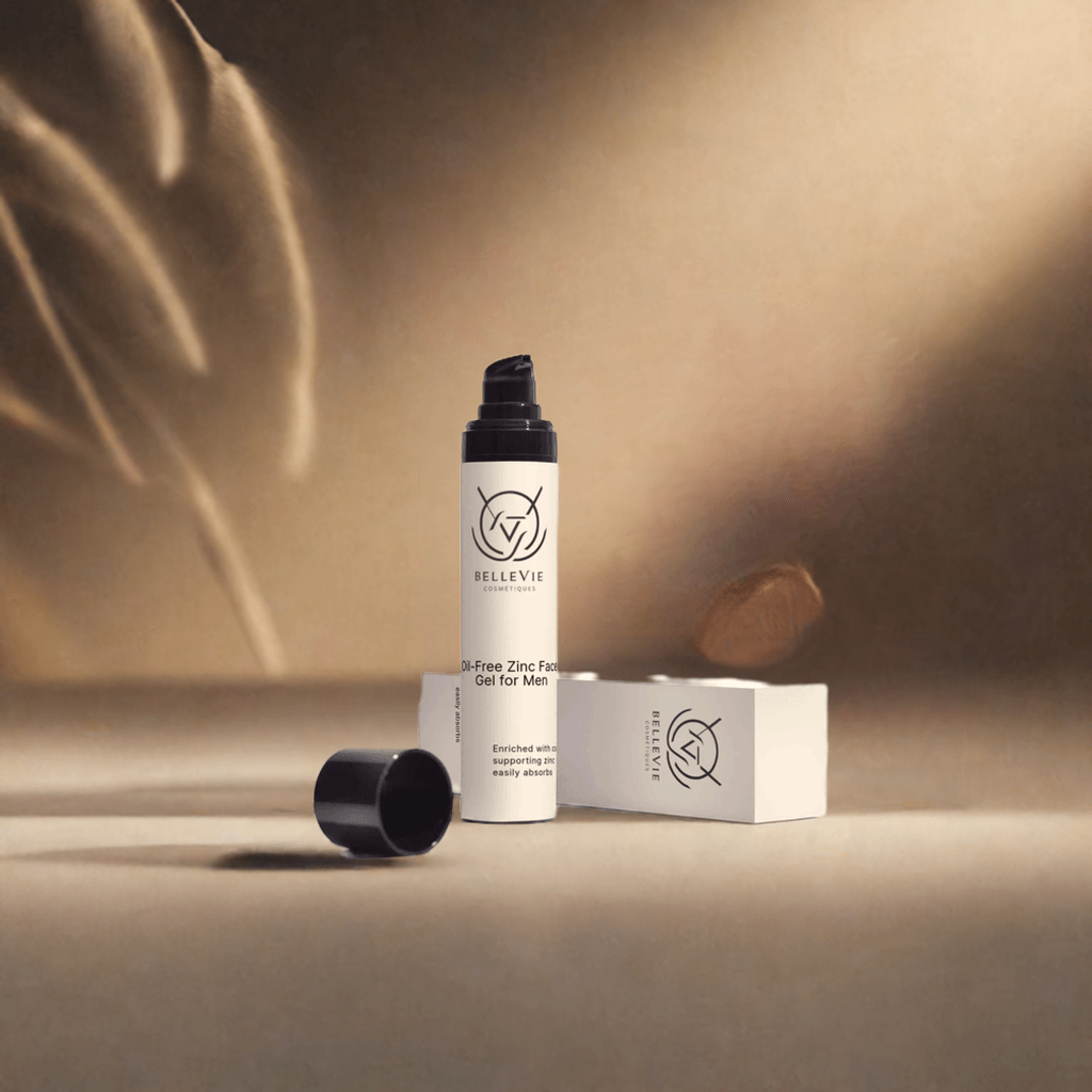 Oil-free zinc face gel for men by BelleVie Cosmétiques, 50ml, showing the clear gel and branding on the packaging.
