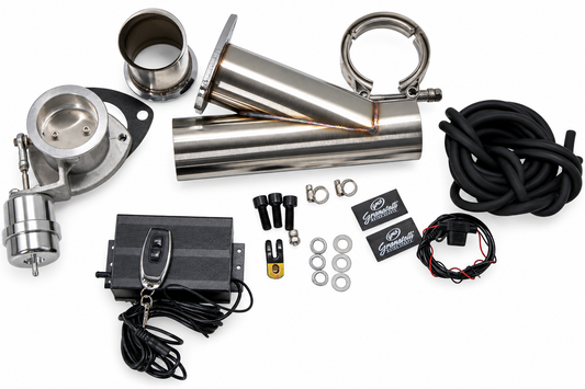 Granatelli Motor Sports stainless steel weld-in electronic exhaust cutout system with vacuum and pressure control for vehicles.