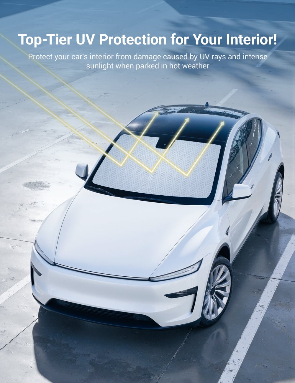 Graphene front windshield sunshade for Tesla Model 3 Highland and Model Y Juniper, designed to block heat and UV rays.