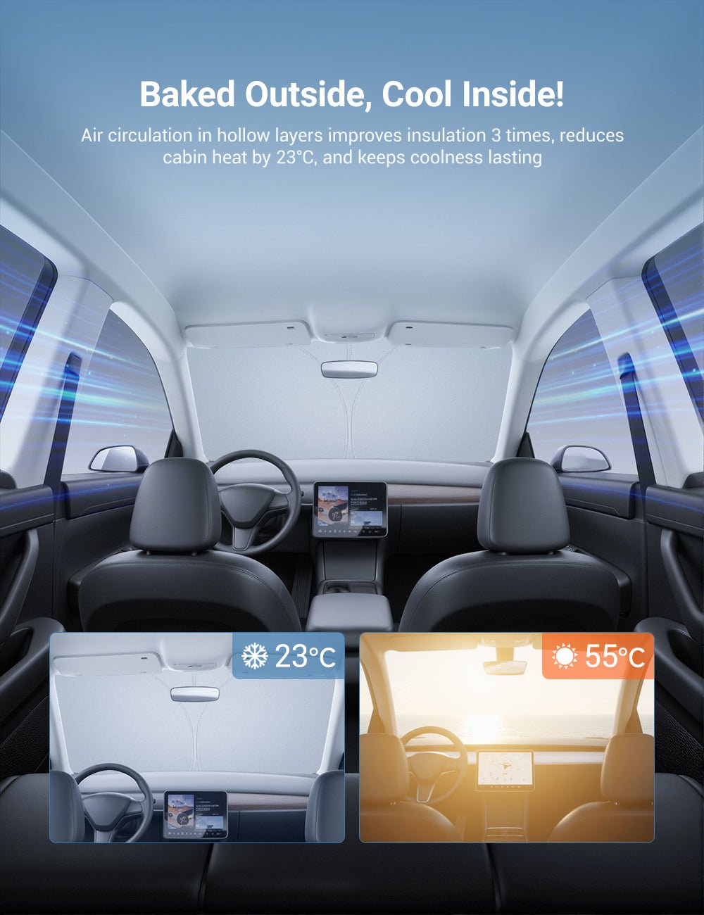 Graphene front windshield sunshade for Tesla Model 3 Highland and Model Y Juniper by Tesery, blocking sunlight and heat.