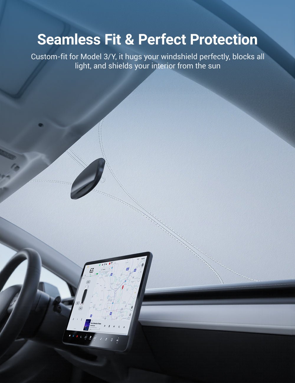 Graphene front windshield sunshade for Tesla Model 3 Highland and Model Y Juniper, providing sun protection and heat reduction.