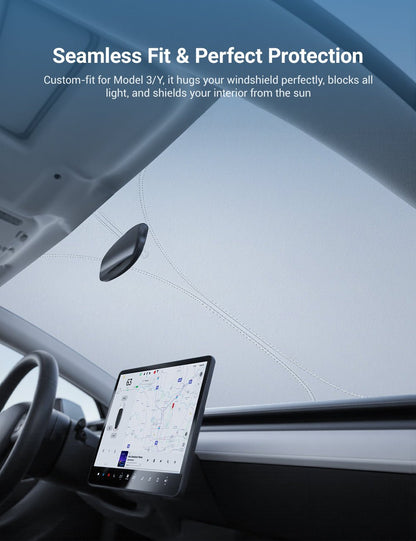 Graphene front windshield sunshade for Tesla Model 3 Highland and Model Y Juniper, providing sun protection and heat reduction.