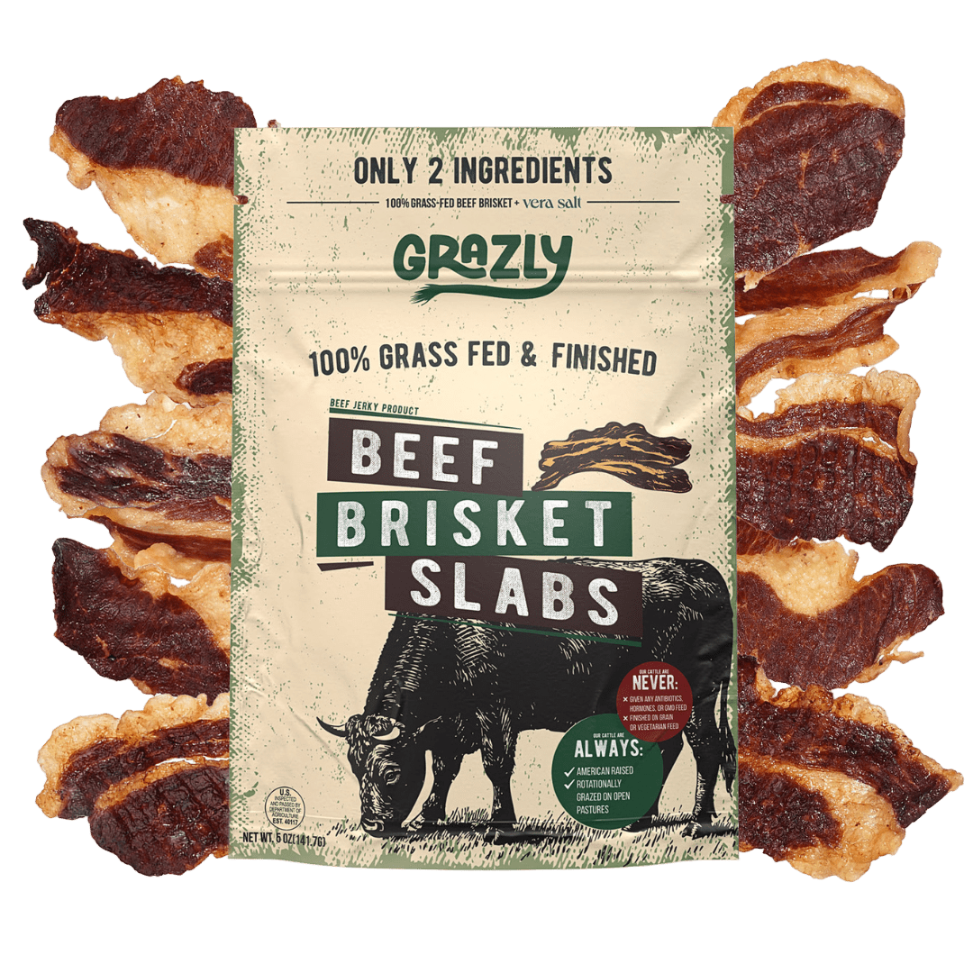 Grazly beef brisket slabs, 100% grass-fed and finished, showing raw, marbled meat on a clean surface.