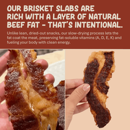 Beef brisket slabs from Grazly, 100% grass-fed and finished, with visible marbling and natural meat texture.