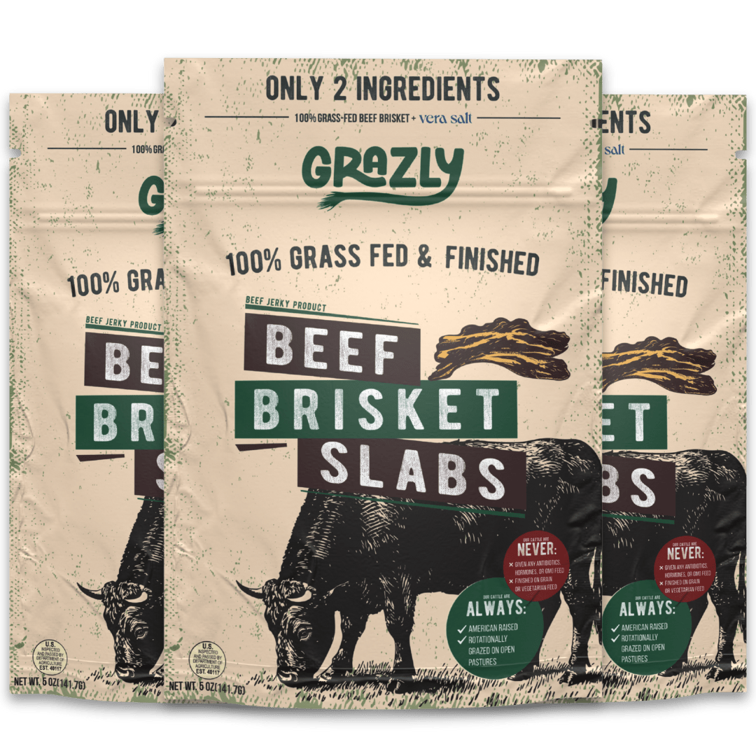Pack of Grazly beef brisket slabs, 100% grass-fed and finished, ready for cooking or smoking.