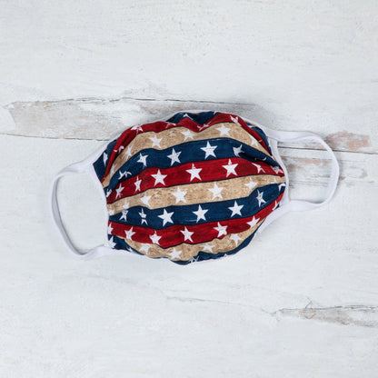 Vibrant cloth face mask with Americana design by GreaterGood, made in the USA, featuring colorful patterns and comfortable fit.