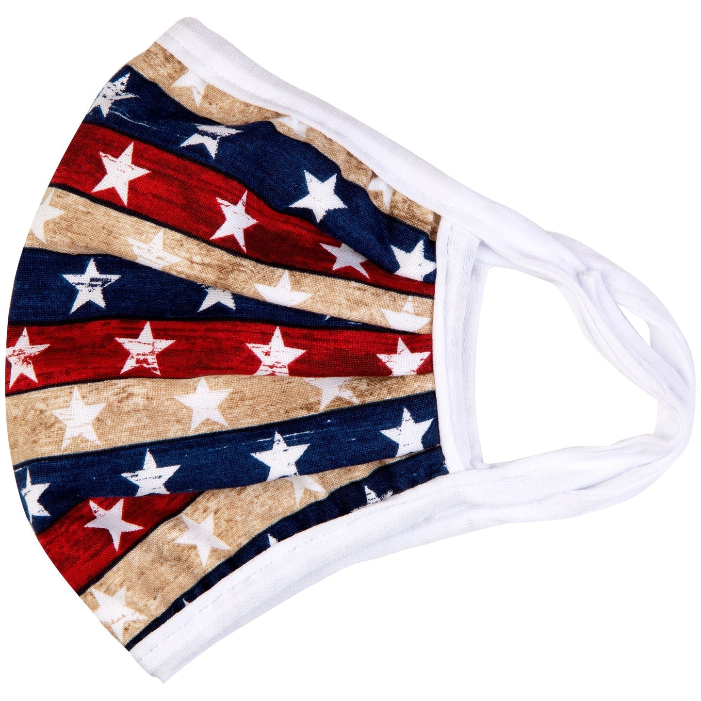 Vibrant cloth face mask by GreaterGood featuring colorful Americana design, made in USA, and suitable for face covering.