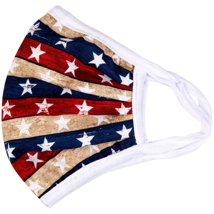 Vibrant cloth face mask by GreaterGood featuring colorful Americana design, made in USA, and suitable for face covering.