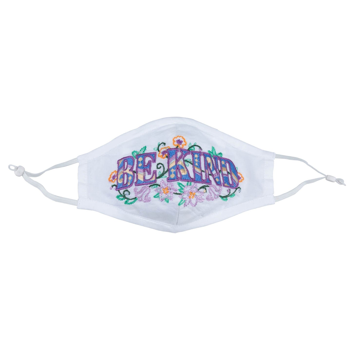 GreaterGood Read My Lips embroidered face mask with "Be Kind" message, featuring colorful lips design and adjustable straps.
