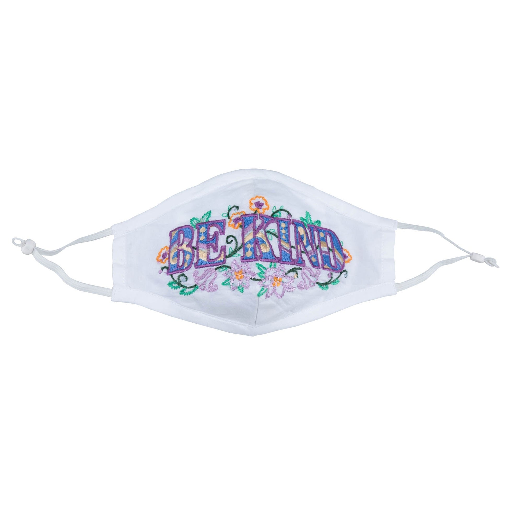 GreaterGood Read My Lips embroidered face mask with "Be Kind" message, featuring colorful lips design and adjustable straps.