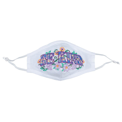 GreaterGood Read My Lips embroidered face mask with "Be Kind" message, featuring colorful lips design and adjustable straps.