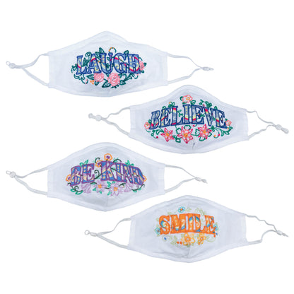 GreaterGood Read My Lips embroidered face mask with "Be Kind" message, featuring colorful lips design, made for comfortable wear.