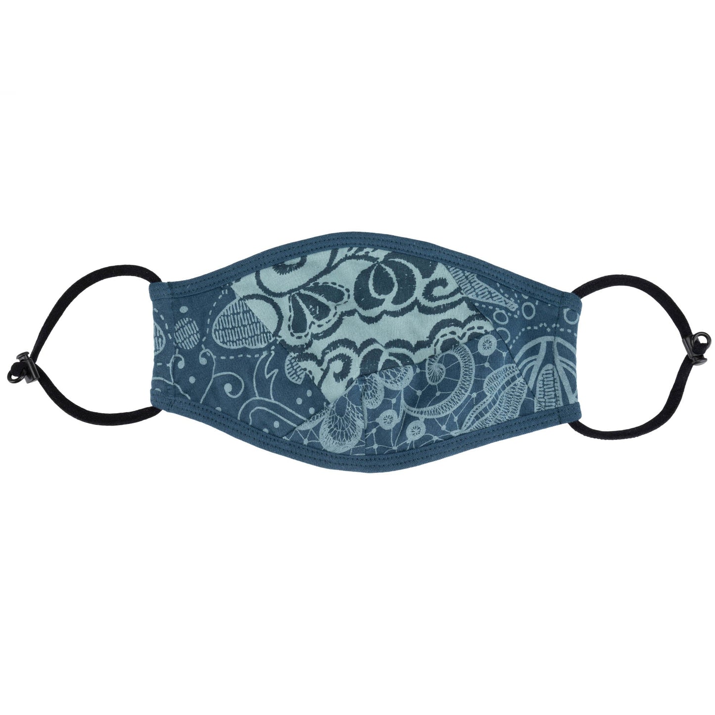 Blue organic reversible face mask with patched-together design by GreaterGood, made for comfortable, eco-friendly face covering.