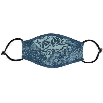 Blue organic reversible face mask with patched-together design by GreaterGood, made for comfortable, eco-friendly face covering.