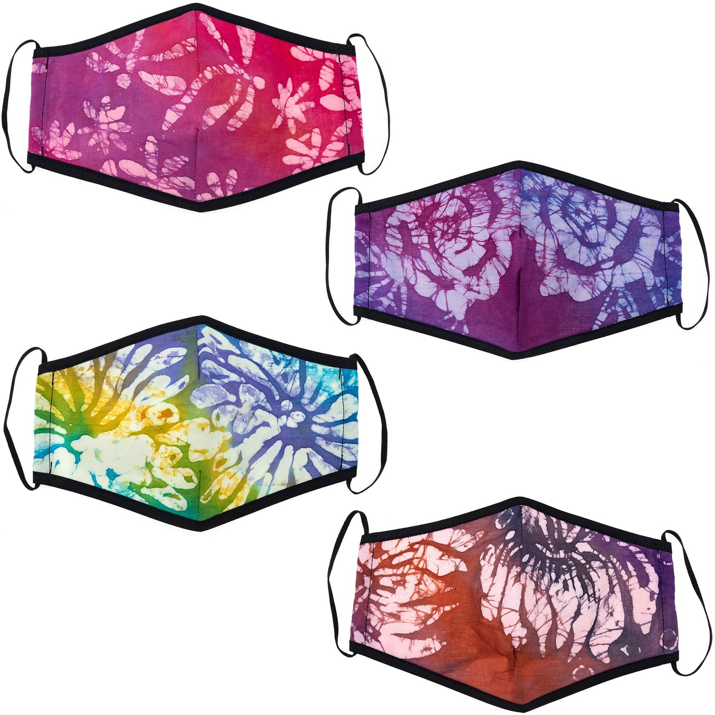 Batik Delight face mask by GreaterGood featuring a colorful dragonfly pattern on fabric for comfortable face covering.