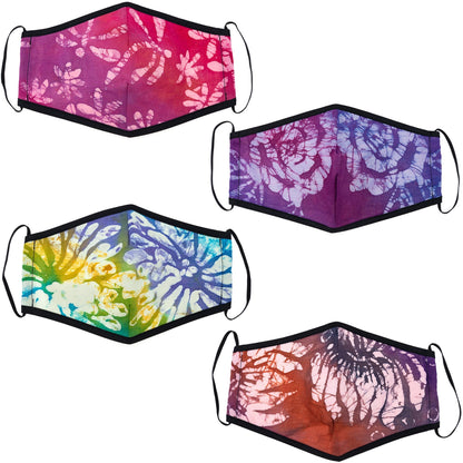 Batik Delight face mask by GreaterGood featuring a colorful dragonfly pattern on fabric for comfortable face covering.