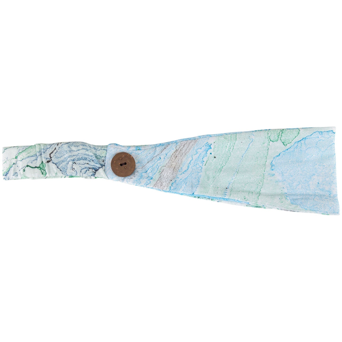 Green and blue marble pattern face mask and matching headband from GreaterGood, made from comfortable fabric.
