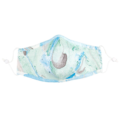 Green and blue marble-patterned face mask and matching headband from GreaterGood, made of soft, breathable fabric.