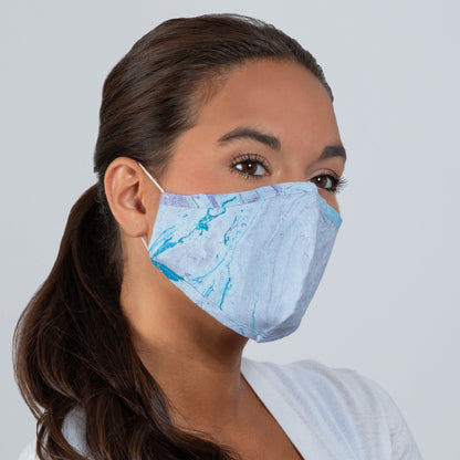 Green and blue marbleized face mask and matching headband from GreaterGood, stylish mask accessories for comfortable wear.