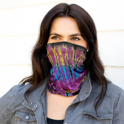 Colorful tie-dye gaiter face mask by GreaterGood, versatile face mask and accessory with vibrant multi-colored pattern.