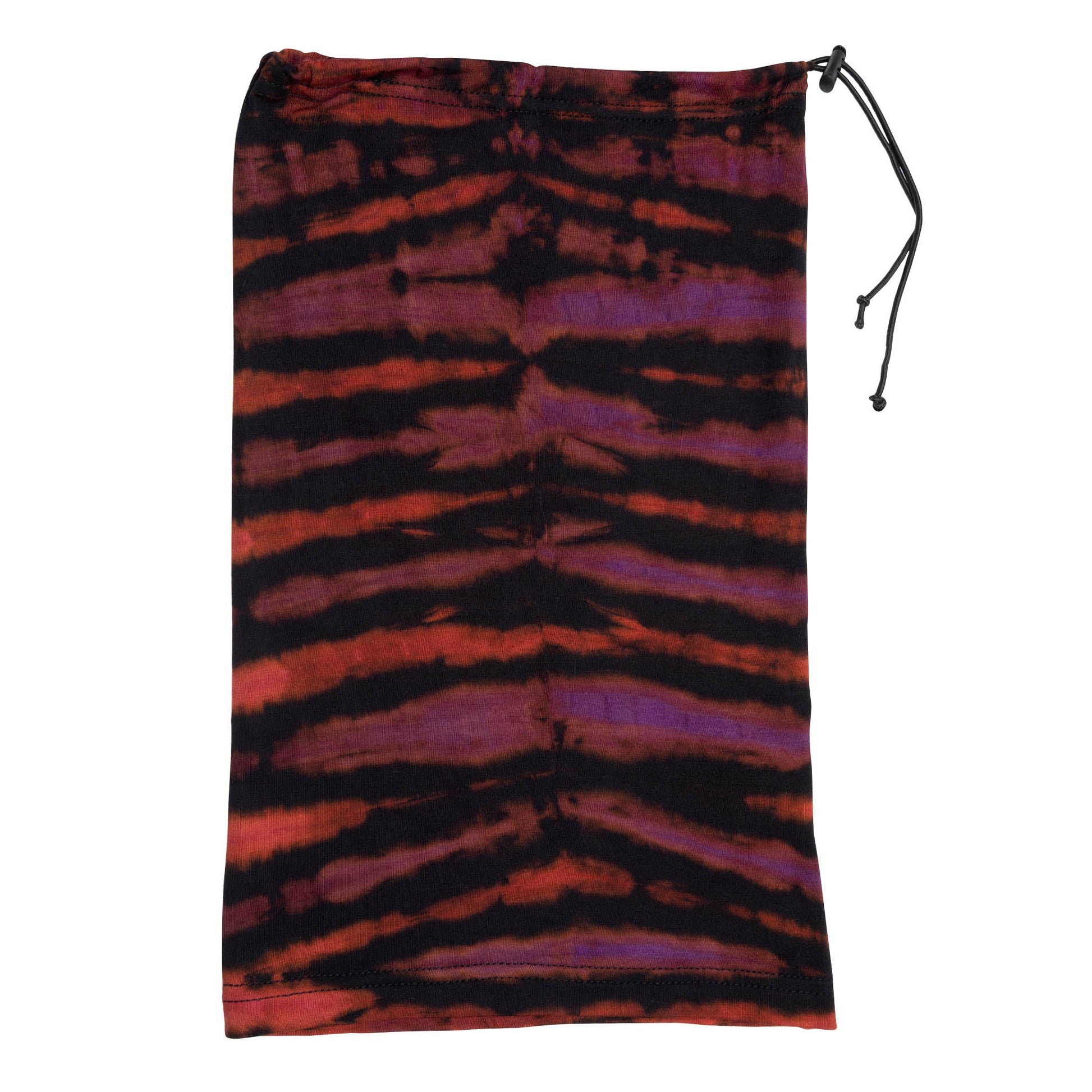 Colorful tie-dye gaiter face mask by GreaterGood, made of breathable fabric, worn covering nose and neck for protection and style.