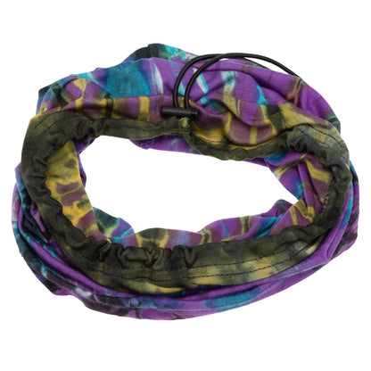 Multi-colored tie-dye gaiter face mask from GreaterGood, made of soft fabric, designed for comfortable face covering and mask accessories.