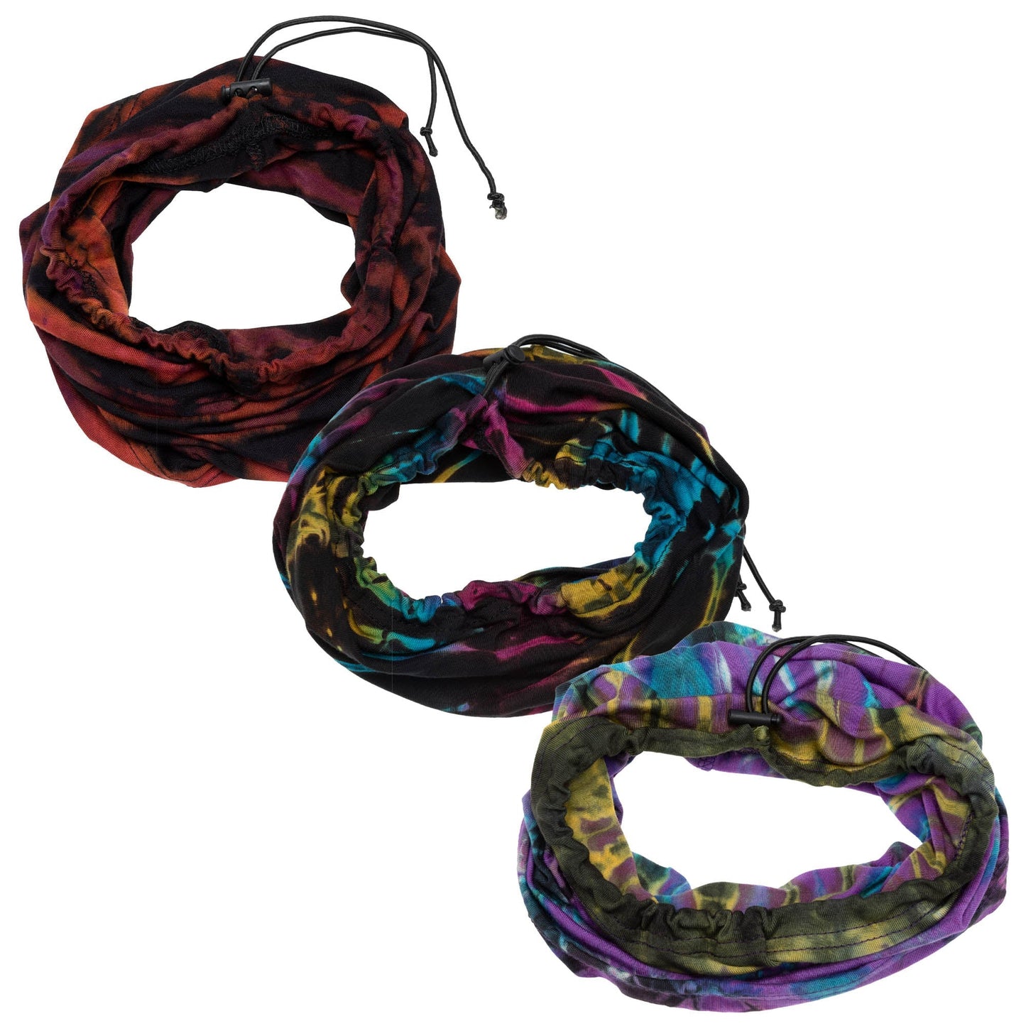 Colorful tie-dye gaiter face mask by GreaterGood, made of soft fabric, designed to cover nose and mouth comfortably.
