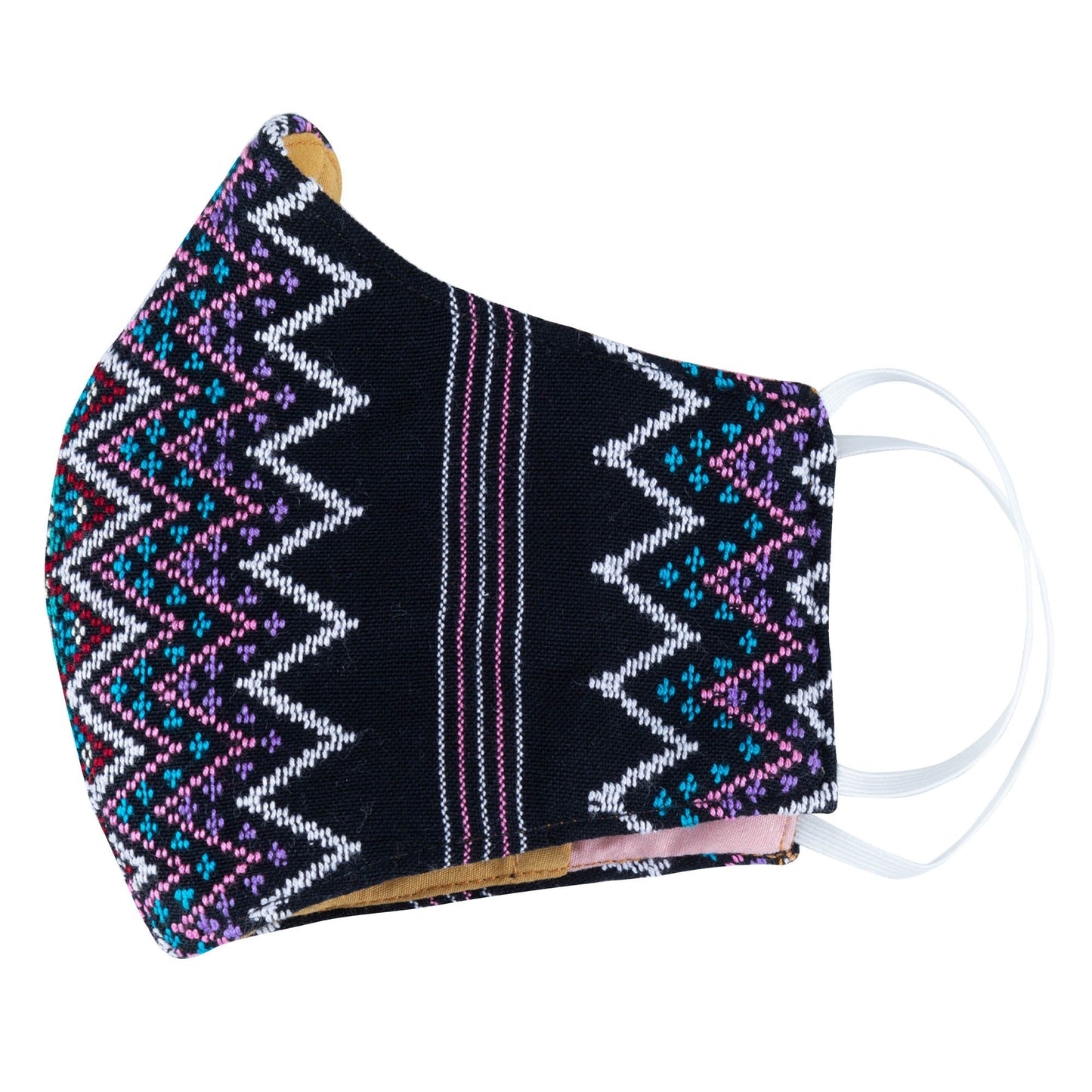 Handwoven GreaterGood face mask and mask accessories, showcasing colorful, textured fabrics and secure ear loops.