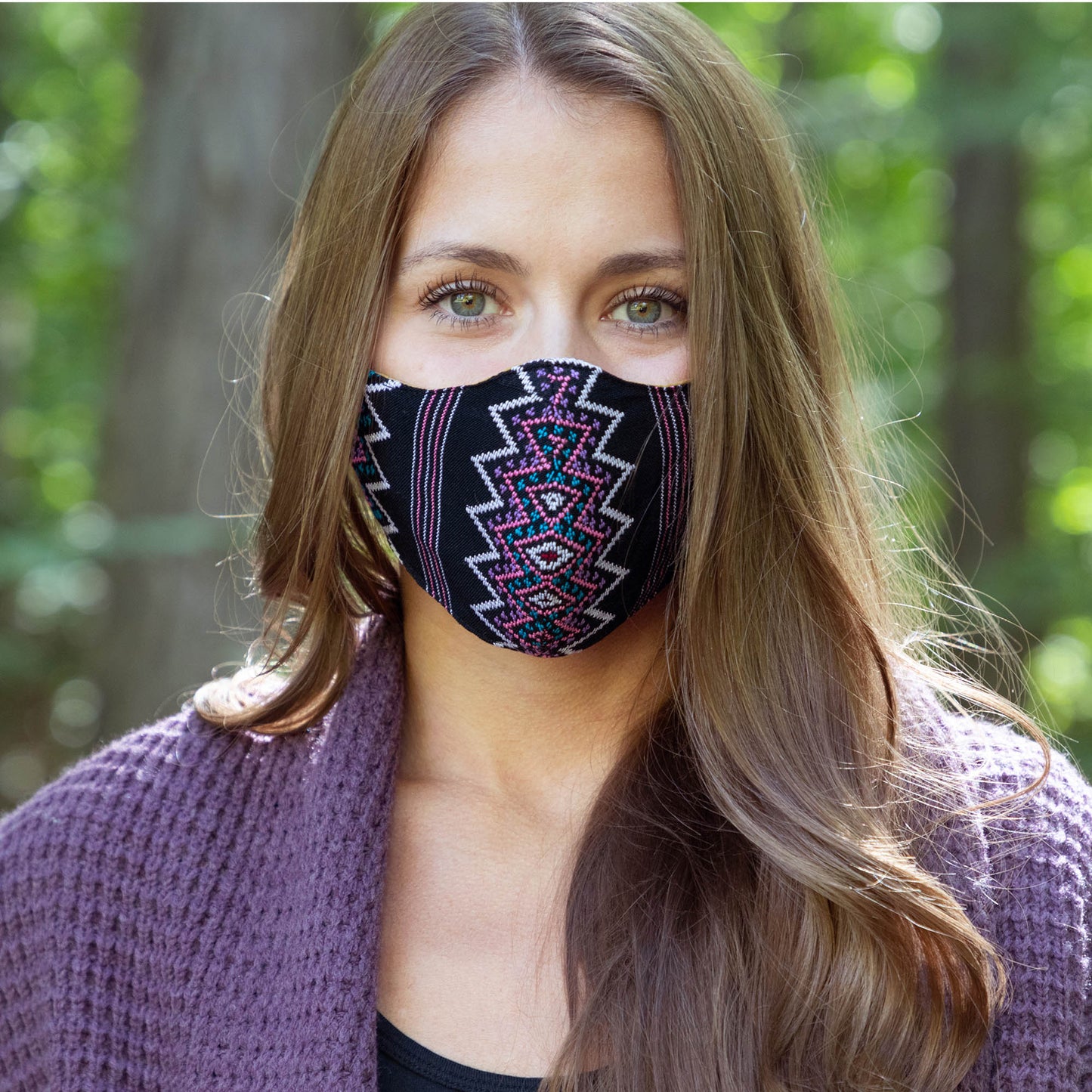Handwoven face mask from GreaterGood, showing intricate patterns and comfortable fabric for face covering and mask accessories.