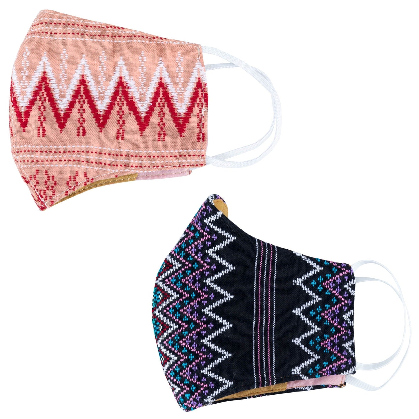 Handwoven GreaterGood face mask with intricate patterns, made of soft fabric, shown on a neutral background.