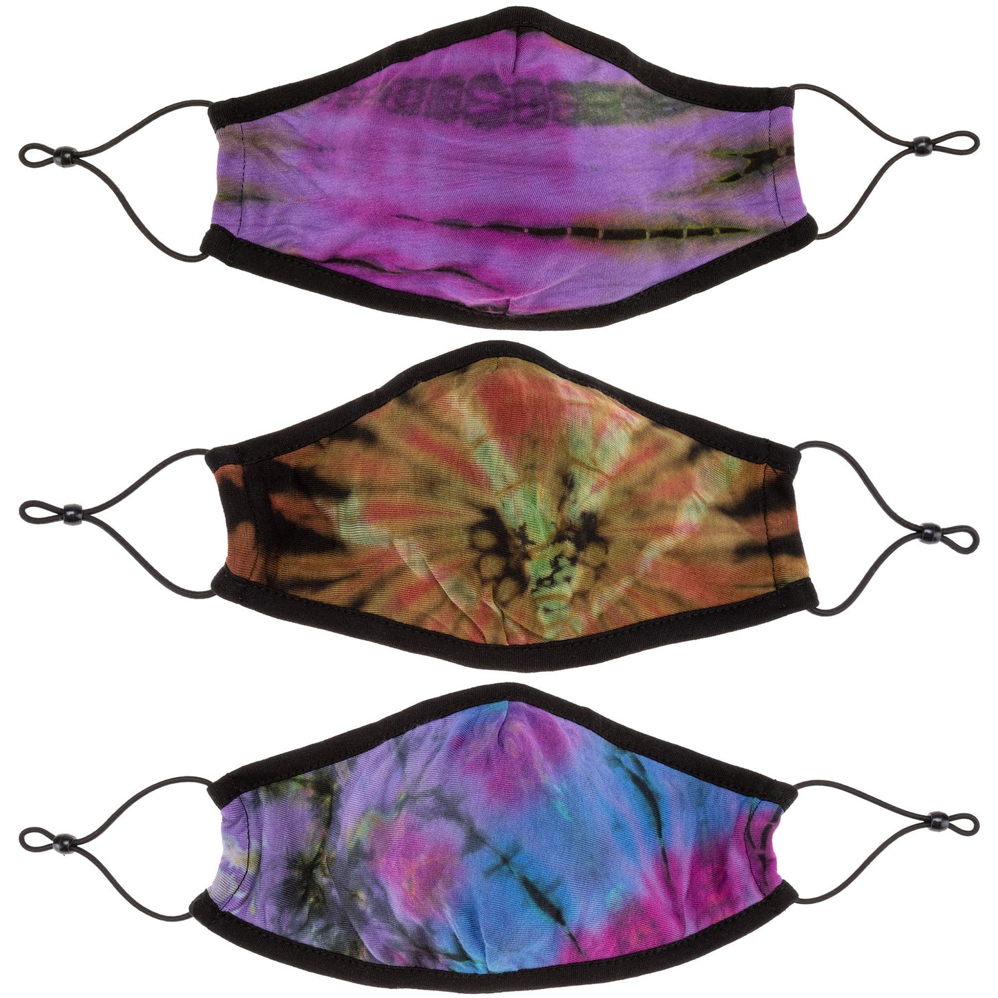 Set of three tie-dye face masks from GreaterGood, protective face masks with colorful patterns and comfortable fit.