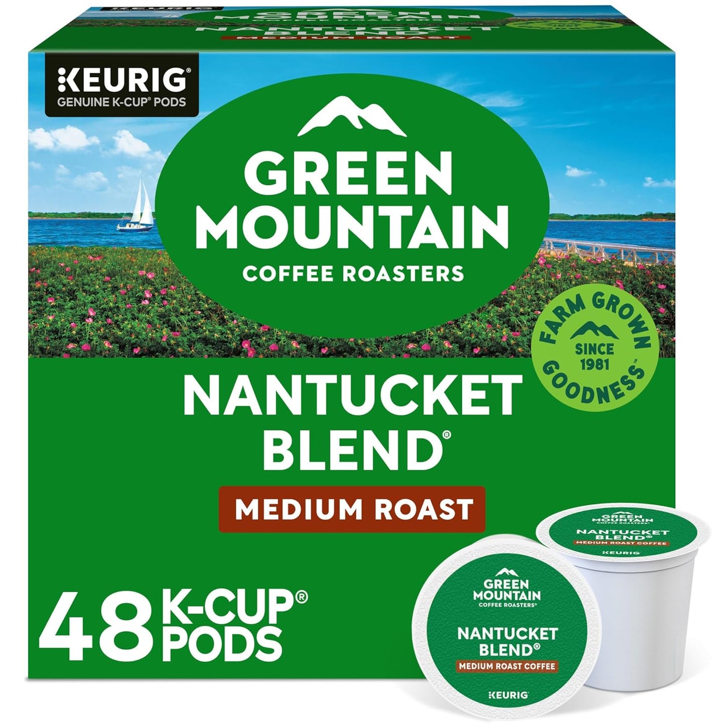 Green Mountain Coffee Roasters Nantucket Blend Keurig K-Cup Pods, medium roast, 96-count package of single-serve coffee.