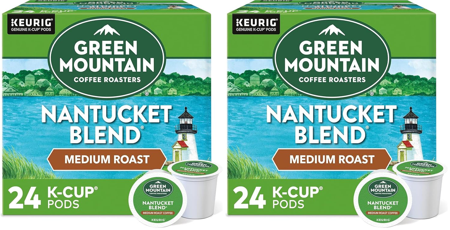 Green Mountain Coffee Nantucket Blend Keurig K-Cup pods in a box, medium roast coffee, 96-count package from Green Mountain Coffee Roasters.