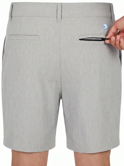 Gray White Water Life Bayport lightweight shorts with zipper, shown from the back view.