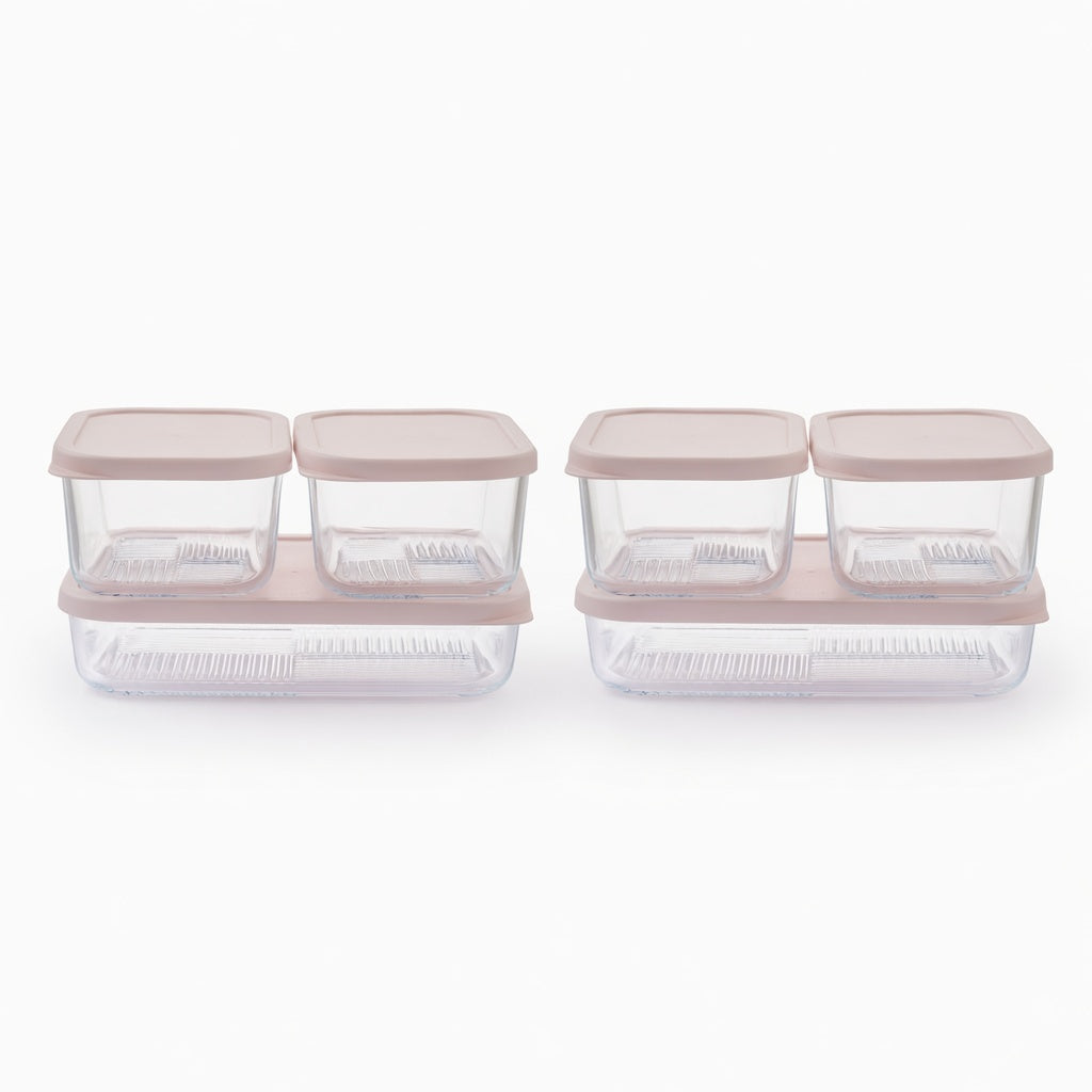 Dura Living Container Culture 12-piece glass food storage set with airtight lids in mixed sizes, berry blush color, showing stacked containers.