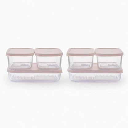 Dura Living Container Culture 12-piece glass food storage set with airtight lids in mixed sizes, berry blush color, showing stacked containers.