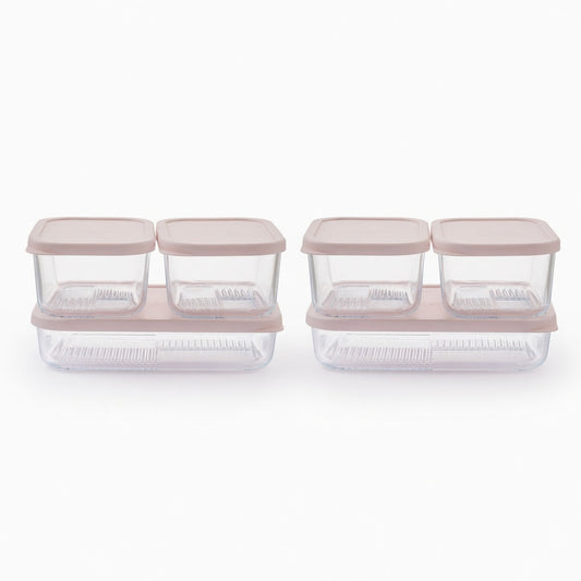Dura Living Container Culture 12-piece glass food storage set with airtight lids in mixed sizes, berry blush color, showing stacked containers.